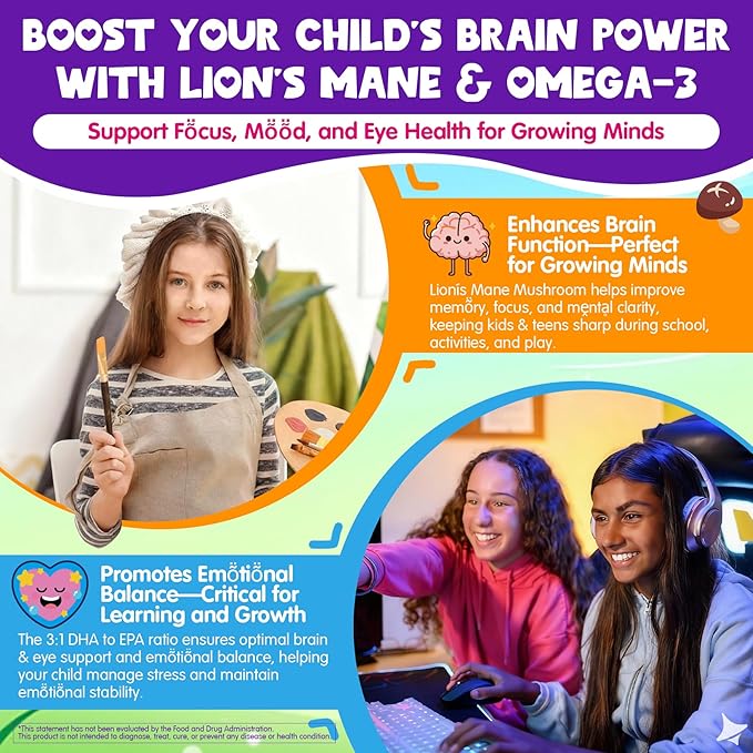Kids Calcium Soft Chews + D3 &amp K2 for 9+ Calcium Gummies with Calcium Citrate &amp Red Algae Calcium Lion's Mane Omega-3 Magnesium for Bone Health Teeth Energy Brain &amp Mṍṍd Support 60