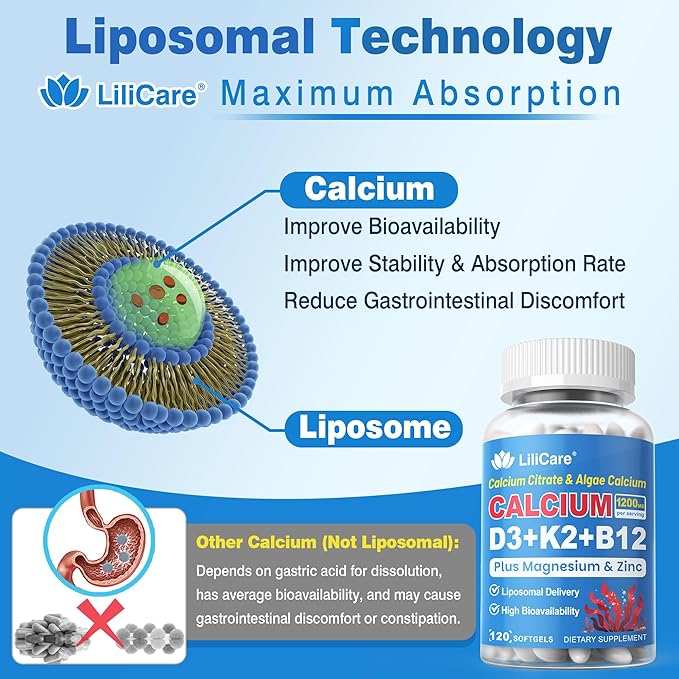 Calcium 1200 mg with Vitamin D3 K2 5000 IU Softgels Supplement for Women Men - Liposomal Calcium Citrate &amp Algae Calcium Magnesium Zinc + D3 K2 B12 Plant-Based Vegan Vitamin D Boron for Bone120