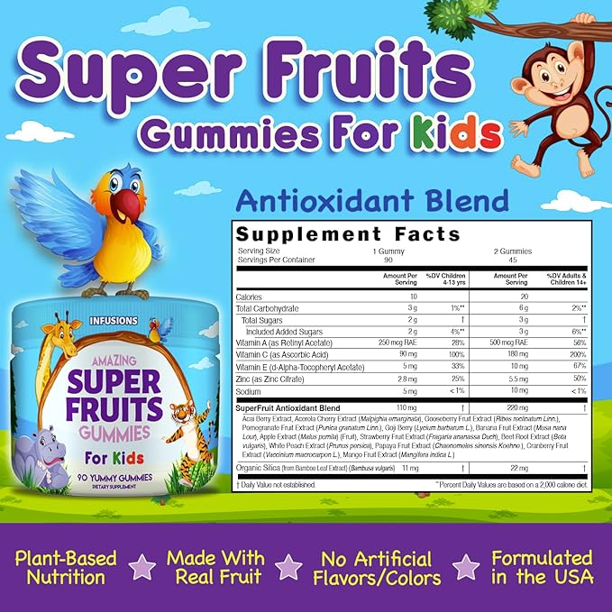 Infusions Super Fruit Gummies 180 Count w/Vitamin ACE + Zinc – Organic Silica Antioxidant Blend – Vegan Friendly - Gluten Free - Non-GMO - 2 Pack