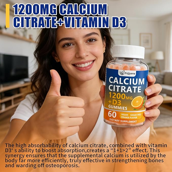 (2 Pack) Calcium Citrate with Vitamin D3 Gummies1200 Mg Calcium Supplements for Women and Men - Supports Bone Muscle &amp TeethHigh Absorption - Easy to DigestVeganOrange Flavor - 120 Count