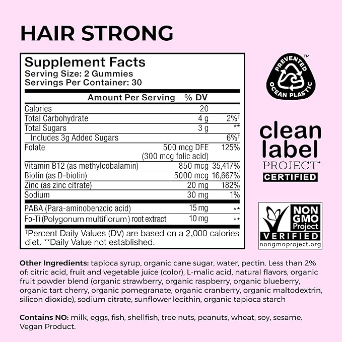 HUM Hair Strong Daily Hair Growth Gummies with Biotin Zinc Vitamin B12 to Support Growth Folic Acid &amp Vitamin B12 Gummy Vitamins for Healthy Hair Support for Women and Men 60 Gummies