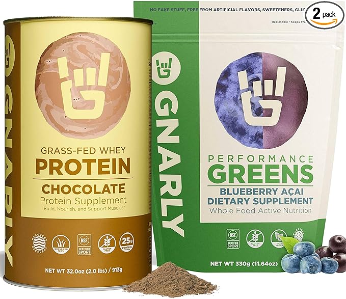 Gnarly Nutrition Performance Greens Blueberry Açai (11.64 oz) and Gnarly Whey Grass-Fed Protein Supplement Chocolate (32.0oz)