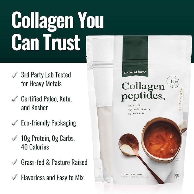 Natural Force Clean Grass Fed Collagen Peptides + Unflavored Organic Whey Protein Bundle – Organic Non GMO Whey Protein &amp Hydrolyzed Type I and III Collagen – 13.8 Ounce Bag and 11.7 Ounce Bag