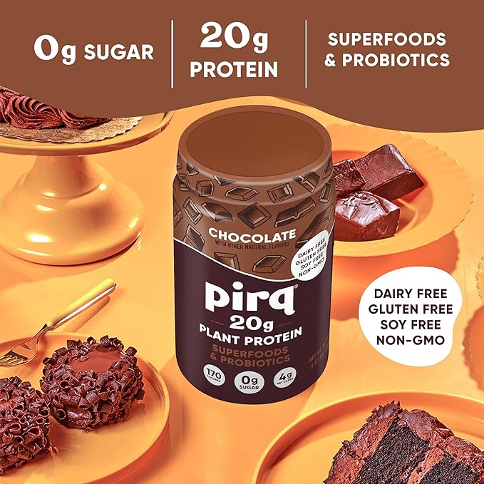Pirq Dairy Free Protein Powder with 20g Protein Plant Based 2B CFU Probiotics 25 Superfoods Greens and Fruits Vegan 0g Sugar (14 Servings) (Chocolate)