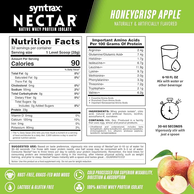 Syntrax Nutrition Nectar 100% Whey Protein Isolate Powder Refreshing Fruit Flavor Honeycrisp Apple 2 lbs