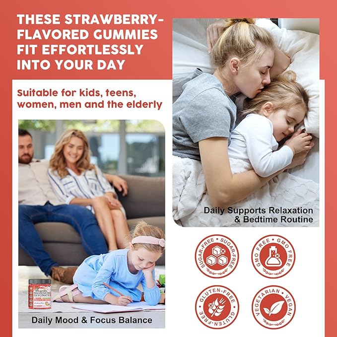 Magnesium Glycinate Gummies for Kids &amp Adults - Relaxation &amp Cognition Support - 400/200mg Magnesium Supplement with L-Theanine B6 D3 &amp K2 - Vegan Sugar Free Strawberry Flavor 60 Ct (