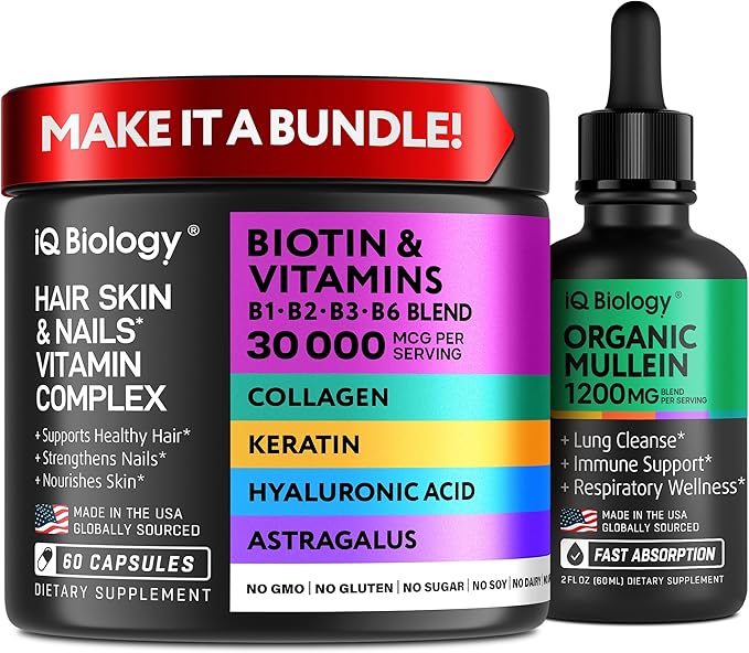 Biotin 10000 mcg with Collagen &amp Keratin and Mullein Leaf Lung Support Drops Bundle – Hair Skin and Nail Vitamins Plus Lung Cleanse and Respiratory Detox for Men and Women – 60 Caps and 2 oz