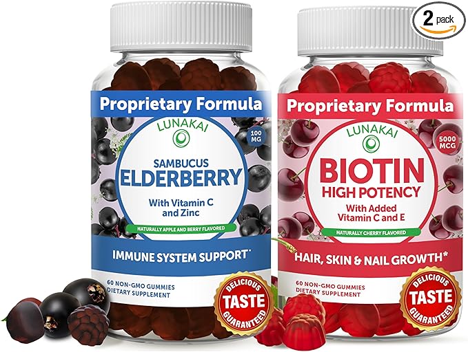 Lunakai Biotin &amp Elderberry Gummies Bundle - Gummy for Hair Growth Skin Glow and Stronger Nails with Vitamin C and E - Immune Support Supplement for Adults and Kids
