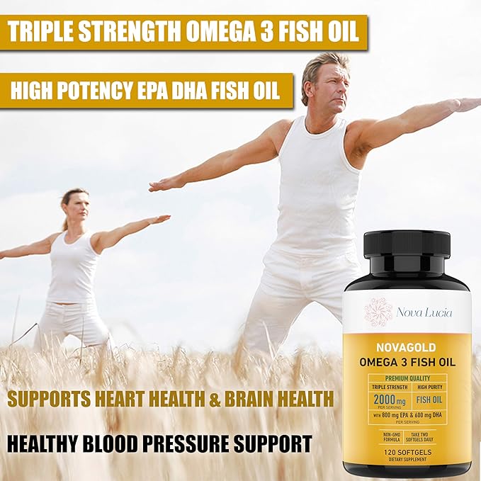 NovaGold Omega 3 Fish Oil – 2000mg High Strength EPA DHA Supplement – Burpless Easy to Swallow Softgels – Supports Heart Brain Joints Immune &amp Skin – Non-GMO – 120 Liquid Capsules