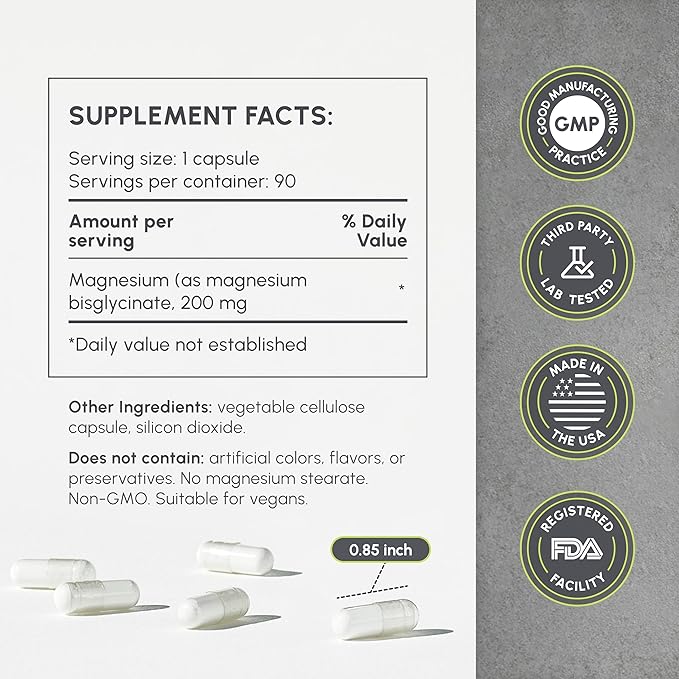 Magnesium Glycinate 200mg - Chelated Magnesium Bisglycinate for Maximum Absorption - Support for Sleep Muscle Cramps &amp Relaxation - Gentle on Stomach - 60 Veggie Capsules