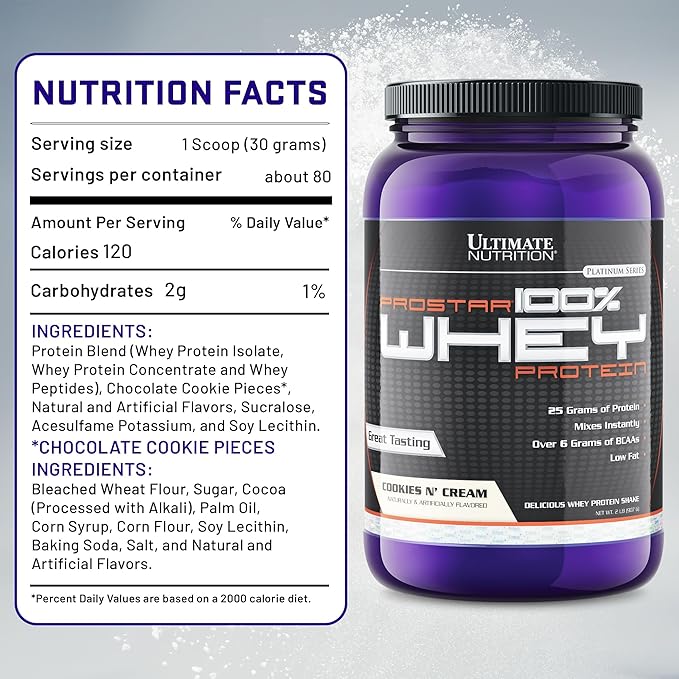 Ultimate Nutrition Prostar Whey Protein Powder Isolate Cookies N Cream - Low Carb High Protein Powder Shake for Muscle Gain &amp Recovery - Low Sodium Low-Fat &amp Keto Friendly - 2 lbs Tub