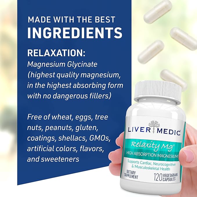 Relaxity Magnesium Glycinate Chelate Supplement High Absorption Muscle Cramps Bone Health Sleep Support Clean NonGMO 120 Vegetarian Capsules 200mg
