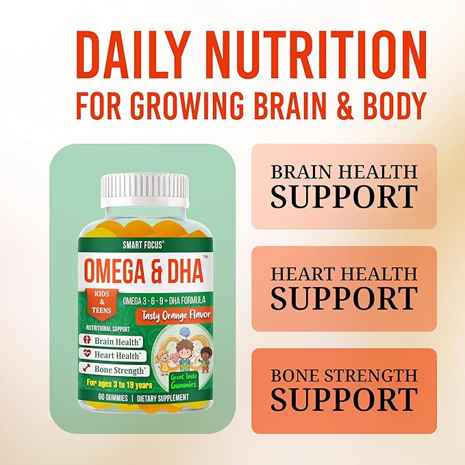 Focus Supplement for Teens &amp Kids – Brain Focus Gummies for Concentration Memory Clarity &amp Attention | Omega DHA Plant-Based 60 Gummies | Teen Brain Vitamins &amp Kids Focus Vitamins – Fish