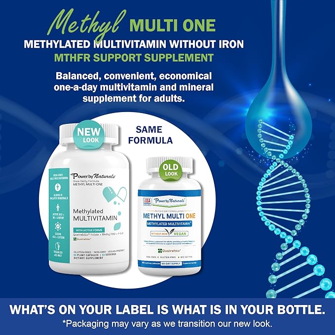 Power By Naturals Methyl Multi One - Iron-Free Methylated Multivitamin with Quatrefolic 5-MTHF Active B12 P5P CoQ10 &amp Zinc for MTHFR Support - Energy &amp Focus Formula - 60 Capsules (2-Month