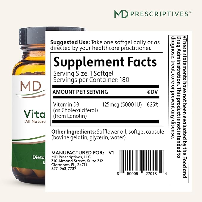 MD Prescriptives Vitamin D3 180 Gelcaps - Maximum Absorption for Strong Bones Muscle &amp Immune Support Non GMO Vegetarian Softgels 125 mcg (5000 IU)
