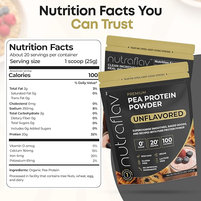 Unflavored Vegan Protein Powder - Plant Based Pea Protein Powder - 20g Protein Per Serving with 1 Ingredient - Iron-Rich Easy to Digest - No Added Sugar - Great for Shakes &amp Smoothies - 20 Servin