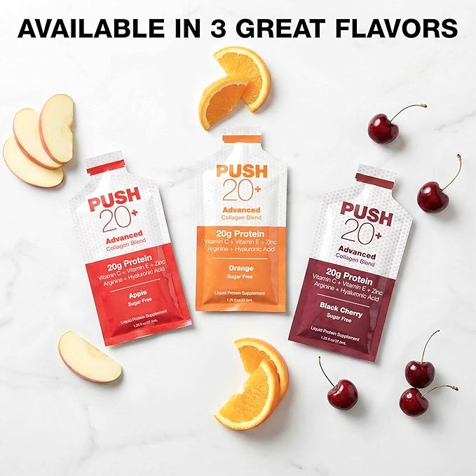 PUSH 20+ Advanced Collagen Blend Apple Flavor 20g Liquid Protein with Arginine Vitamin C E Zinc and Hyaluronic Acid Supports Wound Healing &amp Recovery Single-Serving 1.25 oz Packets Case of