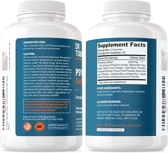 Dr. Tobias Adult Multivitamin &amp Psyllium Daily Supports Energy Immunity &amp Healthy Bowel Movements with 42 Fruits &amp Vegatables Psllium Husk Bentonite Clay Flaxseed &amp Natural Ingredi