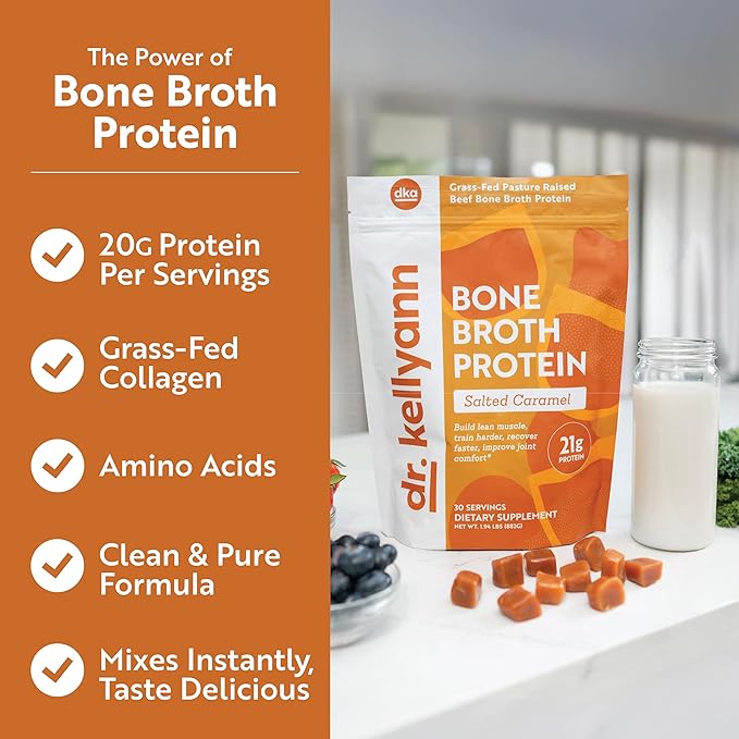 Dr. Kellyann Bone Broth Protein Powder Salted Caramel - 21g Protein Grass-Fed Collagen Sugar-Free Keto &amp Paleo Friendly (30 Servings)