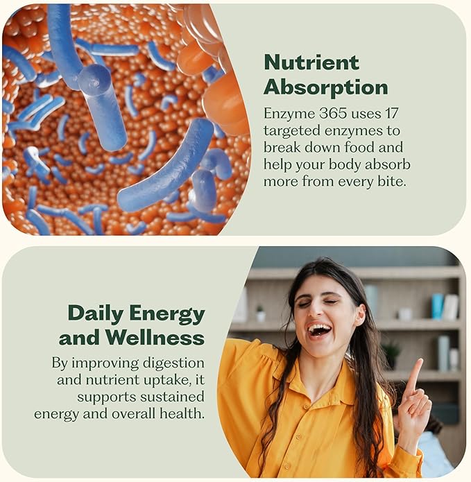 Enzyme 365 Advanced Digestive Enzymes Supplement with 17 Enzymes &amp Soothing Herbs | Supports Digestion Reduces Bloating &amp Gas Boosts Nutrient Absorption &amp Energy | 30 Servings