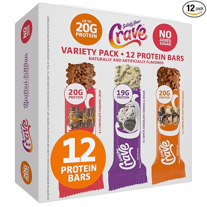 Satisfy Your Crave Protein Bars- High Protein Delicious Snacks- 19-20g of Protein No Added Sugar- Variety Pack- Cookie Dough Choc Caramel Cookies &amp Cream- On-the-Go Snack Pantry Staple &amp f