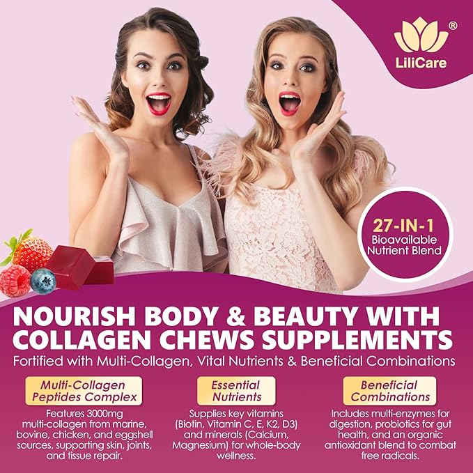 Vitamin D3 K2 + Calcium Liquid-Filled Gummies for Kids &amp Teens + Collagen Peptides Soft Chews 3000mg for Women &amp Men