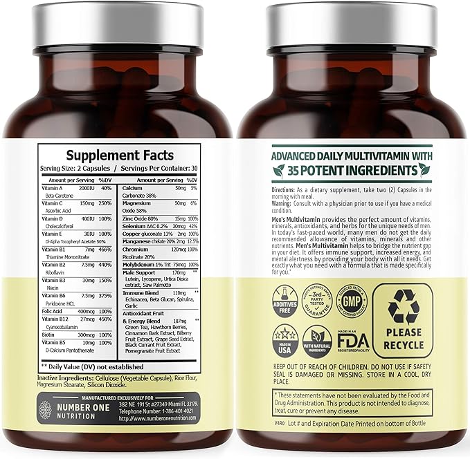 Number One Nutrition N1N Premium Uric Acid Support and Men's Multivitamins All Natural Supplements to Support Energy Levels Prostate Health and Urinary Tract Functions 2 Pack Bundle