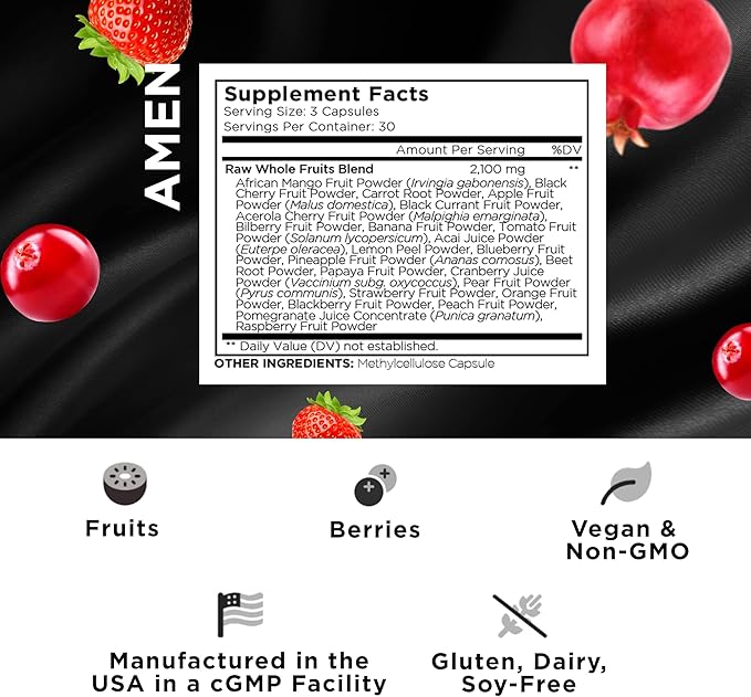 Amen Fruits Daily Fruits Vitamins Supplements Over 20 Whole Fruit Extracts - Raw Multivitamin Berries Antioxidant Polyphenols Superfood &amp Flavonoids - Non-GMO - 90 Capsules