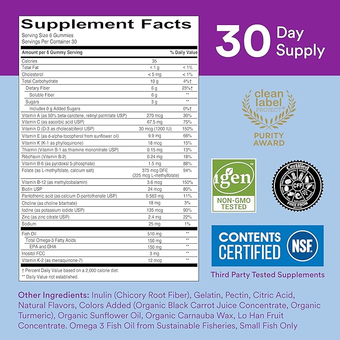 SmartyPants Fiber Supplement &amp Multivitamin for Men &amp Women: Multivitamin Fiber Gummies with Vitamin D3 C Vitamin B12 B6 A K &amp Zinc Omega 3 Fish Oil (EPA/DHA) Biotin 180 Count (30