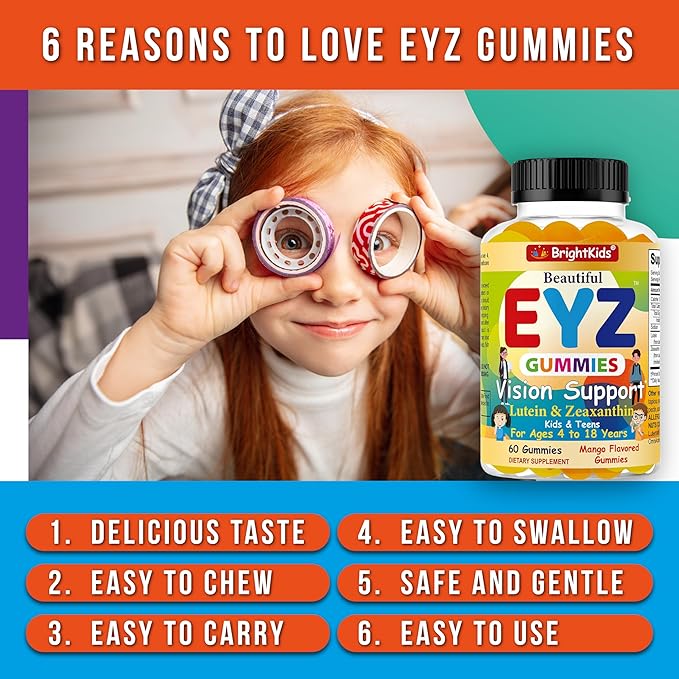 BrightKids Eye Health Gummies for Kids &amp Teens – Lutein &amp Zeaxanthin Vision Support – Vegan Non-GMO Eye Vitamins for Screen Time – Tasty Mango Flavor – 60 Gummies