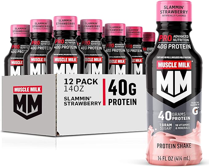Muscle Milk Pro Series Protein Shake Slammin' Strawberry 40g Protein 14 Fl Oz 12 Pack &amp Pro Advanced Nutrition Protein Shake Knockout Chocolate 11.16 Fl Oz (Pack of 12)