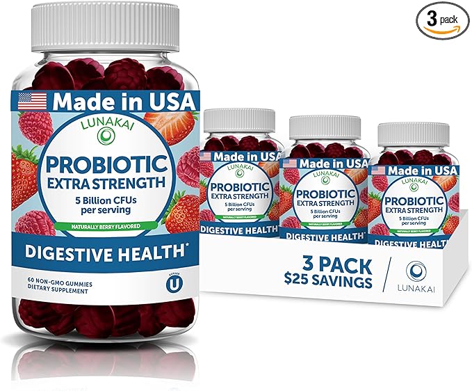 Lunakai USA Made Probiotic Gummies - 5 Billion CFUs Vegan Non-GMO Gluten-Free - Digestive &amp Immune Support for Women &amp Men - 3 Pack