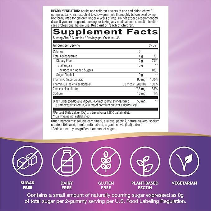 Nature’s Way Sambucus Zero Sugar Immune Gummies Daily Immune Support* Black Elderberry Extract Vitamin C Vitamin D3 Zinc Sugar Free Sugar Alcohol Free Plant-Based Sweeteners 70 Gummies