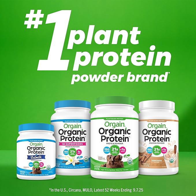 Orgain Organic Vegan Protein Powder Horchata - 21g Plant Based Protein 9g Prebiotic Fiber Low Net Carb No Lactose Ingredients No Added Sugar Non-GMO For Shakes &amp Smoothies 2.03 lb
