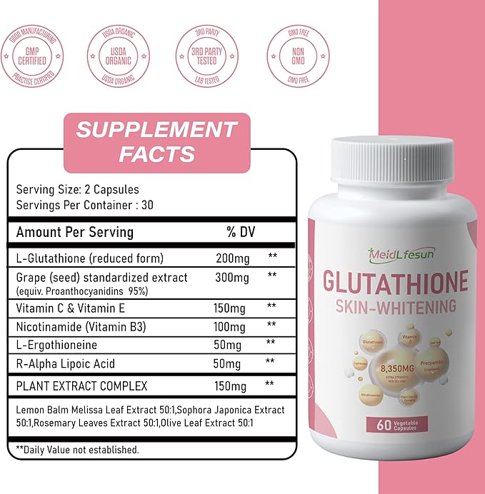 Whitening Capsules Contain glutathione 200mgGrape Seed Extract 300mgas Well as nicotinamide Ergothioneineand α-lipoic Acid60 Vegan Capsules Used for Skin whitening and Anti-Oxidation