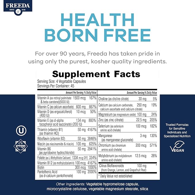 FREEDA SCD Multivitamin – Daily Multivitamin Supplement for Men &amp Women – Vegan Gluten-Free SCD Legal – Kosher Certified Adult Vitamins – Specific Carbohydrate Diet Friendly – 180 Capsules