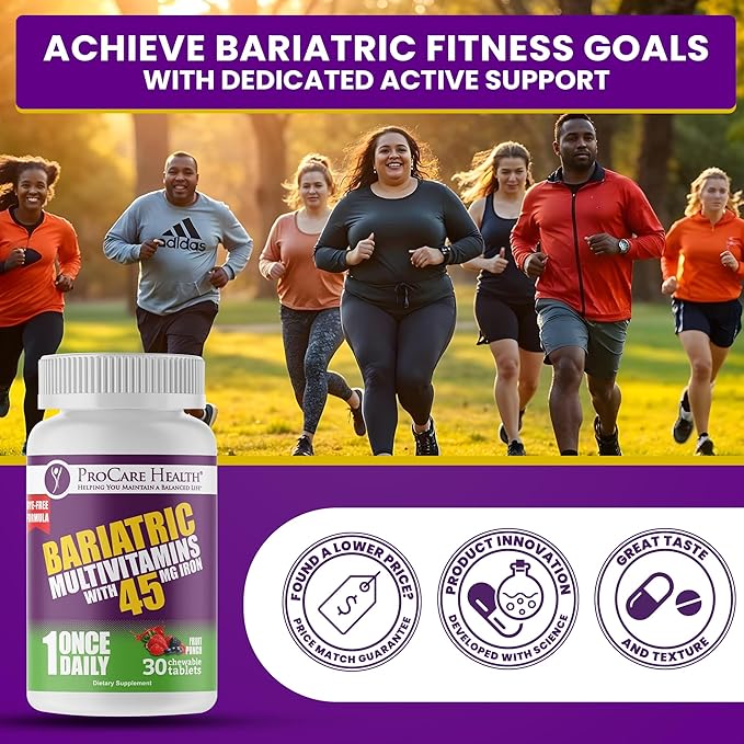 Procare Health Bariatric Multivitamin with Iron 45mg Chewable (30 Tablets) - Fruit Punch Flavor Bariatric Multivitamin Chewable Pills for Gastric Bypass &amp Sleeve Gastrectomy Patients (01 Month Sup