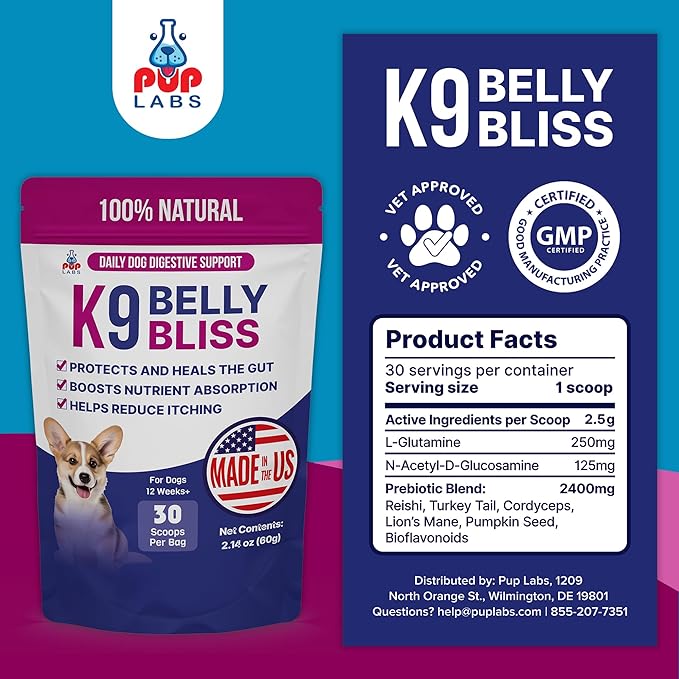 K9 Belly Bliss All-Natural Gut Health for Dogs Vet Approved Prebiotic for Dogs for Daily Digestive Support &amp Dog Constipation Relief Topper for Dry &amp Wet Food 3 Pack with 30 Scoops Each.