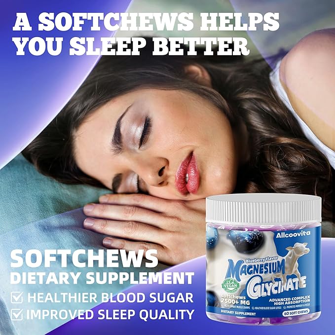 Magnesium Glycinate Soft Chews Blueberry Flavor.Chewable Sugar Free Potassium Magnesium Chews with Magnesium Glycinate Vitamin D B6 and CoQ10 for Calm Support &amp Sleep for Adults 60 Days Suppl