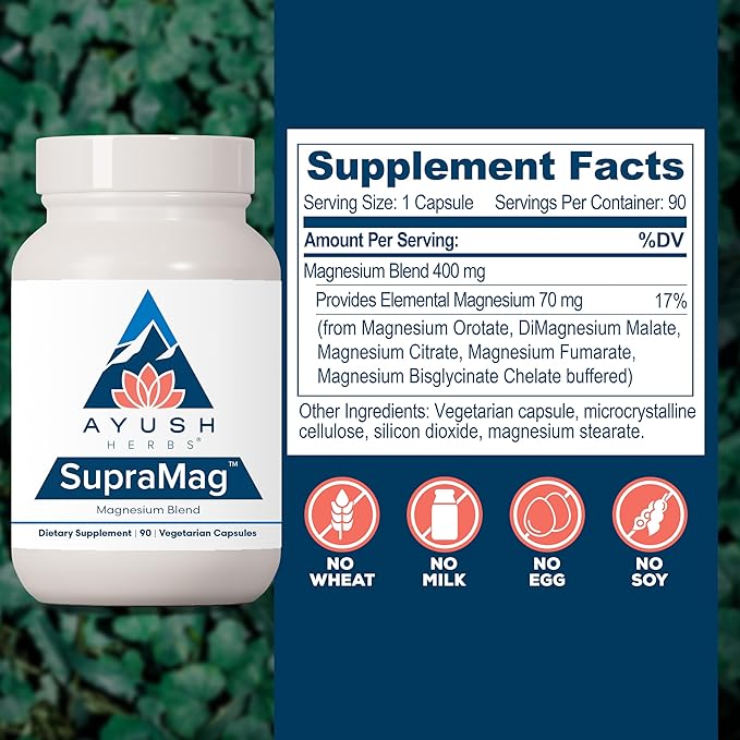 Ayush Herbs SupraMag - 400mg Magnesium Complex Supplement with Chelated Magnesium Bisglycinate Citrate Ororate for Sleep Energy &amp Brain Health - 90 Vegetarian Capsules (1 Count)