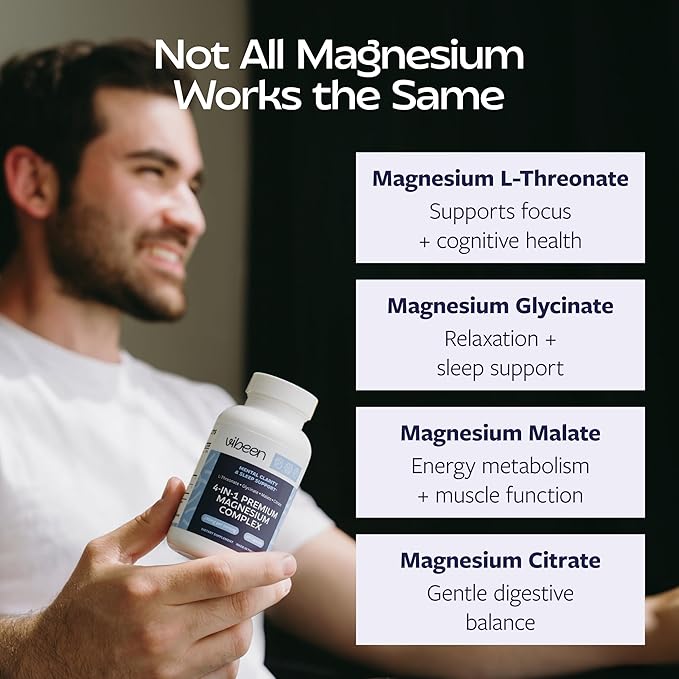 4 in 1 Magnesium for Sleep Support L-Threonate Glycinate Malate &amp Citrate 240mg Chelated Magnesium Complex Supplement (60 Capsules) (1 Month Supply)