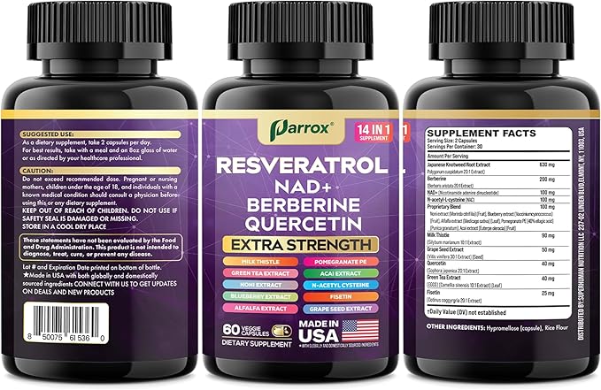 Resveratrol Supplement with Milk Thistle NAD Berberine Quercetin Fisetin Pomegranate Green Tea Noni Acai Blueberry Grape Seed Extracts N-Acetyl Cysteine 14-in-1 Extra Strength (180 Caps)