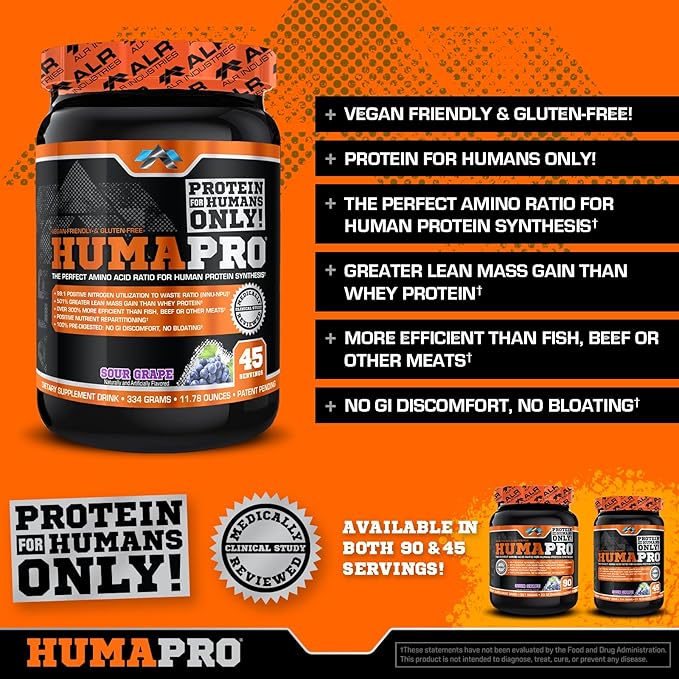 Humapro | Amino Acids Protein Matrix for Humans | 99% Utilization for Lean Muscle | Vegan Gluten Free | 334g / 45 Servings (Sour Grape)