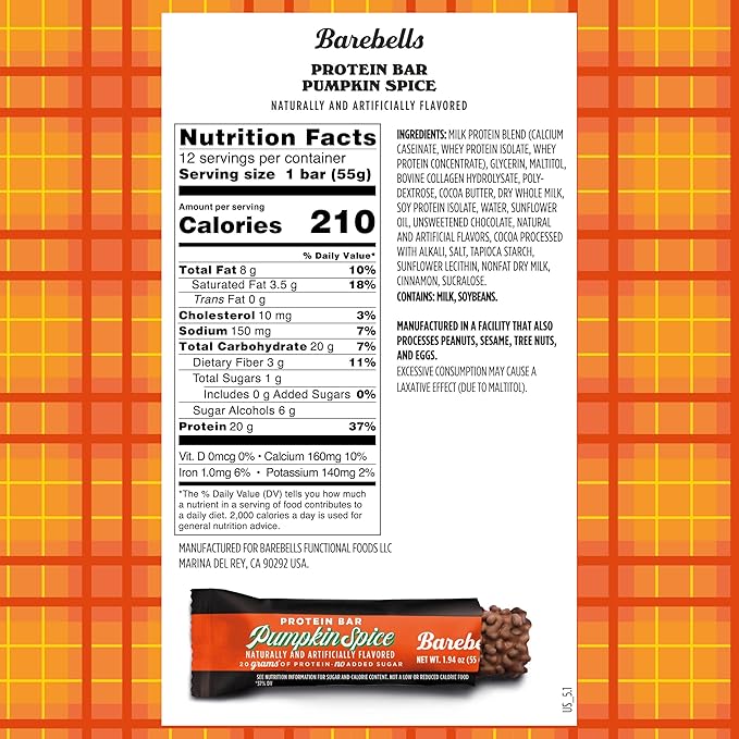 Barebells Protein Bars Pumpkin Spice – 12 Count 20g High Protein Treats – Seasonal Pumpkin Spice Nutrition Bar with Low Sugar – On-The-Go Breakfast or Post-Workout Snack