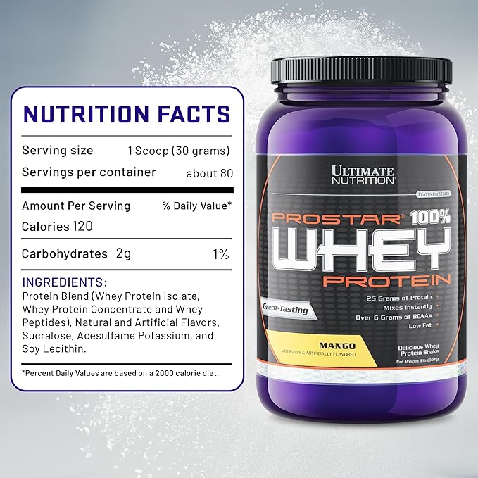 Ultimate Nutrition Prostar Whey Protein Powder Isolate Mango - Low Carb High Protein Powder Shake for Muscle Gain &amp Recovery - Low Sodium Low-Fat &amp Keto Friendly - 2 lbs Tub