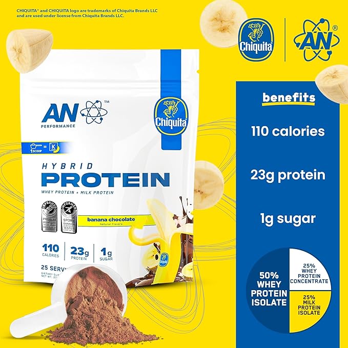 AN Performance Whey Protein Powder | Chiquita Banana Chocolate | 23g Protein 1g Sugar 100% Whey | Gluten-Free Low Carb Low Fat | Keto Friendly | Essential Amino Acids for Muscles | 25 Servings
