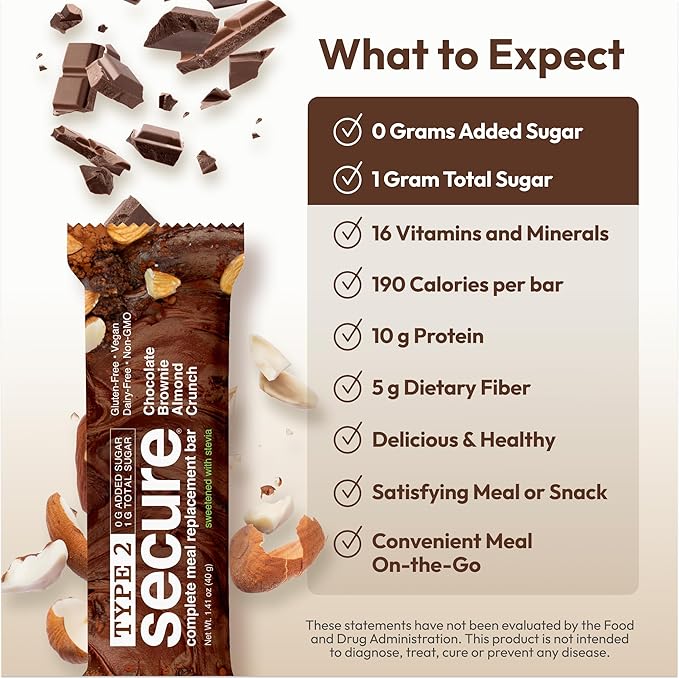 ANDREW LESSMAN Type 2 Secure Complete Meal Replacement Bars (Stevia) – VARIETY(Coconut Almond Cookie Crunch Chocolate Brownie Almond Crunch Peanut Butter Chocolate Chip) – 36 ct box – 10g Protein