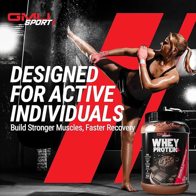 GMU SPORT - Whey Protein+ 28 Servings - No Filler Whey Protein Powder for Women and Men - Low-Calorie Sugar-Free Fast-Absorbing Protein Supplement for Muscle Growth &amp Recovery Double Chocolate