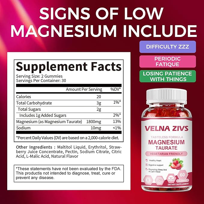 Magnesium Taurate Gummies 1800mg Magnesium Taurate Supplement High Absorption&amp chewable for Kid and Adults Muscle and Heart Health Support Vegan Gluten Free 60 Counts