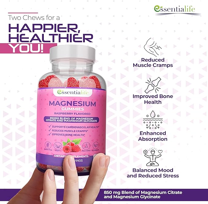 Magnesium Gummies 3 Packs Essentialife 100mg Per Serving - Blend of Magnesium Citrate &amp Magnesium Glycinate - Supports Digestion - Stay Calm &amp Wake Up Energized with Magnesium Supplements for